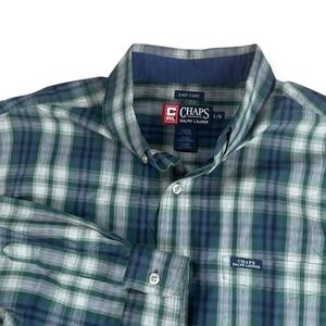 Chaps Ralph Lauren Mens Large Green Navy Blue Plaid Easy Care Button Down Shirt